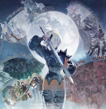6+boys 6+girls aerith_gainsborough agrias_oaks ahoge alma_beoulve black_shirt blonde_hair blue_shirt brown_hair character_name cidolfus_orlandeau closed_eyes cloud_strife cofffee cow delita_heiral final_fantasy final_fantasy_tactics final_fantasy_vii full_moon green_hood highres holding holding_sword holding_weapon low_ponytail marach_galthena meliadoul_tengille moon multiple_boys multiple_girls official_alternate_costume ovelia_atkascha parted_lips ponytail ramza_beoulve reis_duelar shirt short_hair shoulder_spikes spiked_hair spikes sword thigh_armor weapon