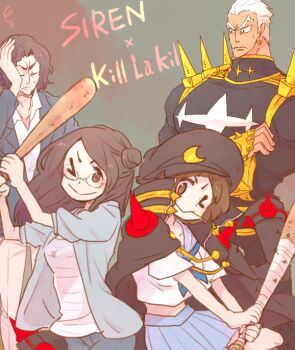 Rule 34 | > o, 2boys, 2girls, :>, anno yoriko, baseball bat, black hair, black hat, blue neckerchief, blue sailor collar, blue skirt, breasts, brown eyes, brown hair, closed mouth, commentary request, copyright name, crossover, dai (mebae16), facepalm, gamagoori ira, glasses, hair bun, hat, holding, holding baseball bat, jacket, jacket on shoulders, kill la kill, long hair, long sleeves, looking at viewer, mankanshoku mako, medium breasts, midriff, miniskirt, mouth hold, multiple boys, multiple girls, nail (hardware), nail bat, neckerchief, one eye closed, open clothes, open jacket, pleated skirt, sailor collar, school uniform, serafuku, short hair, short sleeves, single hair bun, siren (series), siren 1, skirt, spikes, squiggle, stalk in mouth, sweatdrop, takeuchi tamon, v-shaped eyebrows, white hair