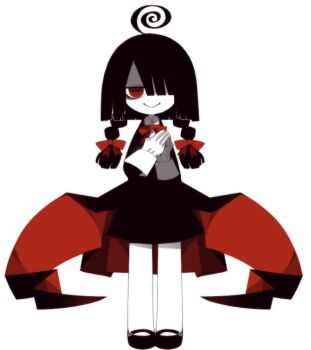 1girl @_@ ahoge bags_under_eyes black_dress black_shoes colored_skin dress funamusea funamusea_(artist) gloves gretia_(funamusea) hair_ribbon long_hair long_sleeves looking_at_viewer mary_janes official_art pantyhose red_eyes red_ribbon ribbon shoes smile solo white_background white_gloves white_pantyhose white_skin