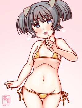 Rule 34 | 1girl, artist logo, bikini, breasts, covered erect nipples, dated, finger to mouth, gold bikini, gradient background, grey eyes, grey hair, headgear, i-36 (kancolle), index finger raised, kanon (kurogane knights), kantai collection, logo, lowleg, lowleg bikini, one-hour drawing challenge, pink background, side-tie bikini bottom, small breasts, smile, solo, standing, swimsuit, thigh gap, twintails