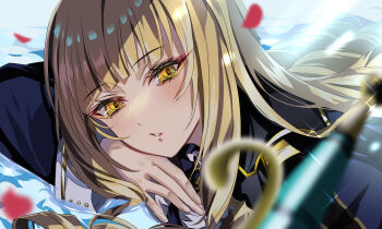 Rule 34 | 1girl, absurdres, black jacket, blonde hair, blunt bangs, blush, commentary, drill hair, fingernails, gold trim, highres, jacket, kage no jitsuryokusha ni naritakute!, long hair, long sleeves, looking at viewer, lying, midgar academy school uniform, petals, rose oriana, rui chaba, school uniform, solo, very long hair, yellow eyes