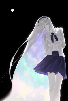 1girl absurdly_long_hair aestro_111 arms_behind_back black_background black_hairband black_ribbon black_skirt commentary cowboy_shot english_commentary grin hairband head_tilt highres jacket kashimiya_karua long_hair looking_at_viewer neck_ribbon open_clothes open_jacket purple_eyes ribbon shirt simple_background skirt smile solo the_hundred_line_-last_defense_academy- very_long_hair white_jacket white_shirt