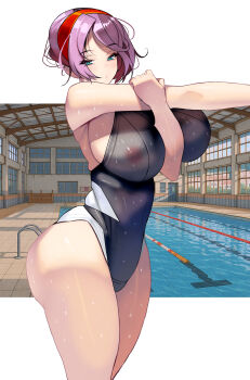 1girl absurdres black_one-piece_swimsuit blue_eyes breasts commentary_request competition_swimsuit covered_erect_nipples highres indoors kouno_(masao) large_breasts one-piece_swimsuit original plump pool pool_ladder purple_eyes short_hair solo stretching swimsuit two-tone_swimsuit