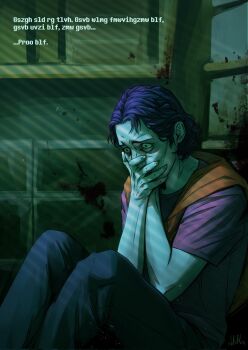 Rule 34 | 1boy, annotated, blood, blood splatter, chasmou, covering own mouth, curled up, english text, feet out of frame, highres, jacket, jacket around neck, knees up, male focus, no i'm not a human, orange jacket, purple hair, purple shirt, shirt, short hair, sitting, solo, wide-eyed, wireface (no i'm not a human), worried