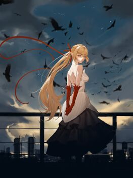 1girl absurdres anomarasu arms_behind_back bare_shoulders bird black_dress blonde_hair breasts cityscape closed_mouth cloud commentary_request dress elbow_gloves feather-trimmed_dress feather-trimmed_gloves gloves hair_ribbon highres kiss-shot_acerola-orion_heart-under-blade kiss-shot_acerola-orion_heart-under-blade_(young_adult) long_hair looking_at_viewer looking_back median_furrow monogatari_(series) night oshino_shinobu outdoors pointy_ears ponytail red_gloves ribbon sky solo standing strapless strapless_dress two-tone_dress vampire very_long_hair white_dress yellow_eyes