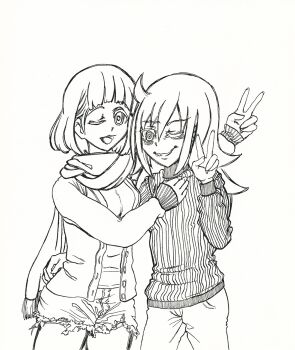 coat commentary darkcloudxero english_commentary greyscale highres kuroki_tomoko monochrome naruse_yuu one_eye_closed ribbed_sweater scarf sweater watashi_ga_motenai_no_wa_dou_kangaetemo_omaera_ga_warui! winter_clothes winter_coat