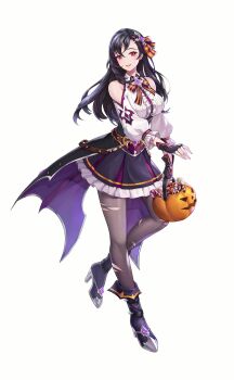 1girl absurdres artist_request belt black_boots black_gloves black_hair black_pantyhose black_skirt blouse boots bow brown_belt bucket candy candy_cane clothing_cutout commentary commentary_request cross_hair_ornament english_commentary fingerless_gloves food foot_up frilled_shirt frills full_body gem gloves hair_bow hair_ornament halloween halloween_bucket halloween_costume high-low_skirt high-waist_skirt high_heel_boots high_heels highres holding holding_bucket jack-o&#039;-lantern king&#039;s_raid korean_commentary layered_skirt long_hair long_sleeves mixed-language_commentary official_alternate_costume official_art orange_bow pantyhose petticoat puffy_long_sleeves puffy_sleeves purple_bow purple_gemstone purple_skirt red_eyes second-party_source shirt shoulder_cutout simple_background skirt solo striped_bow talisha_(king&#039;s_raid) torn_clothes torn_pantyhose two-sided_fabric two-sided_skirt walking white_background white_shirt