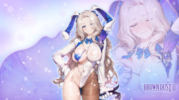 1girl absurdres animal_ears animal_hands blue_bow blue_bowtie blue_eyes bow bowtie brown_dust_(series) brown_dust_2 darian_silverstein fake_animal_ears feathers gloves heart_pasties highres long_hair nontraditional_playboy_bunny official_art official_wallpaper pantyhose pasties paw_gloves purple_feathers rabbit_ears shiny_skin smile snowflakes snowing white_gloves white_hair