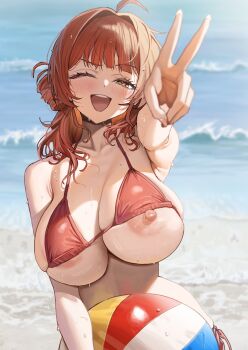 1girl ;d absurdres ahoge areola_slip ball beachball bikini blush breasts brown_eyes day gakuen_idolmaster hair_intakes halterneck hanami_ume highres huge_breasts idolmaster large_areolae nipple_slip nipples ocean one_breast_out one_eye_closed open_mouth outdoors ramanda red_bikini red_hair side-tie_bikini_bottom smile solo swimsuit underboob v water waves wet