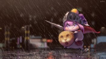 1girl :3 absurdres alicks_(pixiv_19241330) blush_stickers cape cat closed_mouth commentary doro_(nikke) english_commentary food food_on_head fruit fruit_on_head goddess_of_victory:_nikke hair_bun helmet highres holding holding_polearm holding_weapon lance night object_on_head orange_(fruit) outdoors photo_background pink_hair polearm purple_eyes rain red_cape signature star_(symbol) star_in_eye symbol_in_eye twitter_username weapon wet