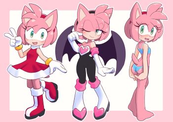 1girl :d ;) alternate_costume amy_rose animal_ears animal_nose arms_at_sides ass bare_arms bare_shoulders barefoot bat_wings bikini black_bodysuit black_hairband blue_bikini blush bodysuit boots border bracelet breasts butt_crack cleavage closed_mouth collarbone commentary cosplay dress elbow_gloves embarrassed english_commentary feet from_behind full_body furry furry_female gloves gold_bracelet green_eyes hairband half-closed_eye hand_up hedgehog_girl heel_up high_heel_boots high_heels jewelry leg_up lipstick looking_at_viewer makeup multiple_costumes multiple_views off_shoulder one_eye_closed open_mouth outline pigeon-toed pink_border pink_fur pink_lips purple_wings red_boots red_dress red_hairband rouge_the_bat rouge_the_bat_(cosplay) small_breasts smile sonic_(series) standing sweatdrop swimsuit tail toes uno_usaya v wavy_mouth white_background white_boots white_gloves white_outline white_trim wings