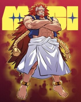 1boy abs anklet bara barefoot beard character_name commentary crossed_arms doyski-dayo earrings english_commentary facial_hair highres jewelry long_hair male_focus migi_(yomi_no_tsugai) multicolored_hair muscular muscular_male red_hair sharp_teeth small_horns solo teeth two-tone_hair very_long_hair yomi_no_tsugai