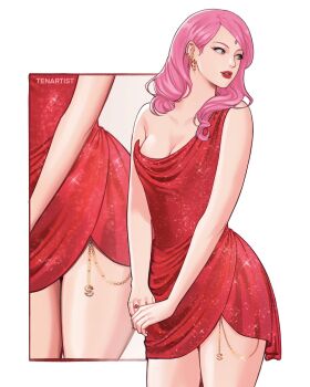 Rule 34 | 1girl, artist name, asymmetrical dress, breasts, chain, cleavage, commentary, cosplay, cowboy shot, cowl neck, curly ends, dress, earrings, english commentary, eyelashes, facial mark, forehead mark, glint, glitter dress, gold chain, gold earrings, hair behind ear, haruno sakura, highres, jewelry, long hair, looking to the side, lower body, medium breasts, multiple views, naruto (series), ornate ring, parted lips, pink hair, red dress, red lips, ring, s (letter), single strap, sleeveless, sleeveless dress, swept bangs, taylor swift, taylor swift (cosplay), teeth, tenartistt, turning head, v arms, wallet chain, wedding ring, white background