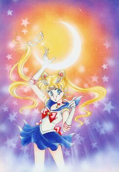 1990s_(style) 1girl :d absurdres arm_up artbook back_bow bishoujo_senshi_sailor_moon blonde_hair blue_sailor_collar blue_skirt bow choker cowboy_shot crescent double_bun earrings gloves hair_bun highres incredibly_absurdres jewelry lips long_hair looking_at_viewer magical_girl mask open_mouth pink_lips red_choker retro_artstyle sailor_collar sailor_moon scan skirt smile solo star_(symbol) star_earrings star_symbol_background takeuchi_naoko tsukino_usagi wavy_hair white_gloves white_mask