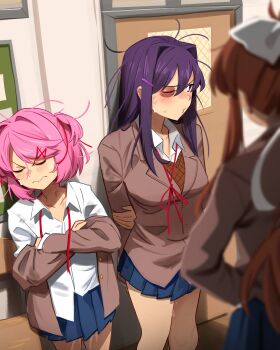3girls absurdres bite_mark bite_mark_on_neck blush breasts bruise bruise_on_face bruised_eye disheveled doki_doki_literature_club doki_doki_literature_club_school_uniform hickey hickeys_on_neck highres holding implied_after_sex implied_sex implied_yuri indoors injury jacket khyle. large_breasts long_hair looking_at_viewer messy_hair monika_(doki_doki_literature_club) multiple_girls natsuki_(doki_doki_literature_club) pink_hair pussy_juice school_uniform shirt short_hair white_shirt yuri_(doki_doki_literature_club)