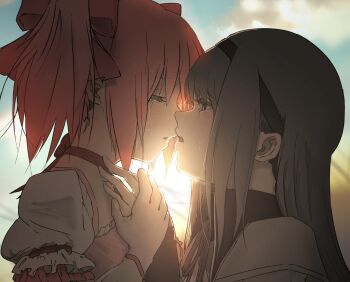 2girls akemi_homura akemi_homura_(magical_girl) black_collar black_hair black_hairband blue_sky blurry blurry_background bow closed_eyes cloud cloudy_sky collar commentary_request crying crying_with_eyes_open day dress frilled_dress frills from_side grey_dress hair_bow hairband hand_on_another's_chest high_collar holding_hands imminent_kiss kaname_madoka kaname_madoka_(magical_girl) long_hair looking_at_another mahou_shoujo_madoka_magica multiple_girls neck_ribbon open_mouth outdoors pink_bow pink_dress pink_hair profile puffy_short_sleeves puffy_sleeves red_ribbon ribbon short_hair short_sleeves sidelocks sky takeraka tears twintails two-tone_dress upper_body white_dress yuri