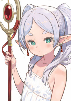 1girl absurdres aged_down bilingual_commentary closed_mouth collarbone commentary covered_erect_nipples dress earrings elf english_commentary engrish_commentary flat_chest frieren green_eyes hair_over_shoulder highres holding jewelry long_hair looking_at_viewer mixed-language_commentary monomono parted_bangs pointy_ears simple_background solo sousou_no_frieren staff sundress thick_eyebrows twintails white_background white_dress white_hair