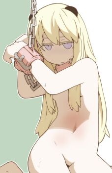 Rule 34 | 1girl, bdsm, blonde hair, breasts, chain, collar, cuffs, female focus, hen zemi, highres, long hair, looking at viewer, makiko gregory, navel, nns (sobchan), no pussy, nude, open mouth, purple eyes, simple background, slave, small breasts, solo, sweatdrop, underboob