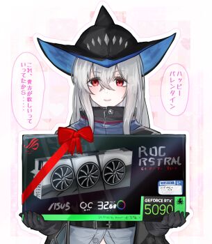 Rule 34 | 1girl, arknights, black coat, black gloves, black hat, bow, box, coat, commentary request, crossed bangs, geforce rtx 5090, gloves, grey hair, grey shirt, hair between eyes, hat, highres, holding, holding box, keiosu4, long hair, looking at viewer, open mouth, red eyes, red ribbon, ribbon, shirt, skadi (arknights), solo, translation request, upper body