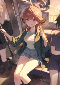3girls absurdres alternate_costume alternate_hairstyle aru_(blue_archive) bag black_bag black_footwear black_socks blue_archive blush breasts brown_jacket casual closed_mouth commentary_request demon_girl demon_horns denim denim_shorts grey_shorts half_updo halo highres horns jacket large_breasts multiple_girls okkimon open_clothes open_jacket orange_eyes orange_halo red_hair shirt short_shorts shorts shoulder_bag sitting three-quarter_sleeves smile socks solo_focus thighs train_interior white_shirt
