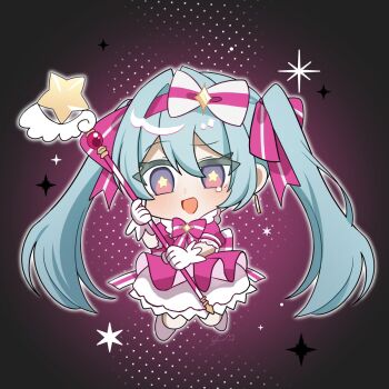 1girl :d absurdly_long_hair black_background blush bow bowtie chibi chibi_only commentary_request double-parted_bangs dress earrings frilled_dress frilled_gloves frilled_sleeves frills full_body genk1zam4s gloves gold_earrings grey_eyes grey_shoes hair_between_eyes hair_bow hair_intakes halftone halftone_background hatsune_miku highres holding holding_scepter ima_sugu_rinne_(vocaloid) jewelry jumping long_hair looking_at_viewer multicolored_eyes open_mouth outline petticoat pink_bow pink_bowtie pink_dress puffy_short_sleeves puffy_sleeves raised_eyebrow red_eyes scepter shoes short_sleeves simple_background smile solo sparkle star_(symbol) striped_bow striped_bowtie striped_clothes tearing_up tongue twintails two-tone_bow two-tone_bowtie two-tone_eyes uneven_eyes very_long_hair vocaloid white_bow white_bowtie white_gloves white_outline yellow_pupils