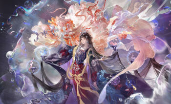 Rule 34 | 2girls, absurdly long hair, barefoot, black hair, blue eyes, blunt bangs, bubble, candelabra, candlestand, character request, chinese clothes, chinese commentary, circlet, clam shell, closed eyes, commentary request, cone hair bun, double bun, dress, earrings, expressionless, eyelashes, feet out of frame, floating, floating hair, floral print, full body, grey eyes, hair bun, highres, jewelry, light particles, lipstick, long hair, long skirt, long sleeves, looking ahead, makeup, multiple girls, nikki (series), orange dress, outstretched hand, parted lips, pink hair, print sleeves, purple shirt, red lips, red skirt, sasora, shining nikki, shirt, single side bun, skirt, strapless, strapless dress, tassel, tassel earrings, tiara, underwater, very long hair, wide sleeves