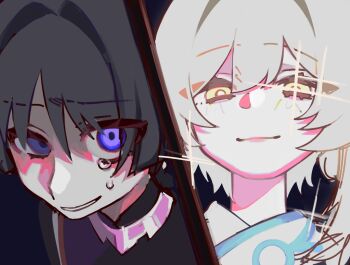 1boy 1girl black_background black_bodysuit black_hair black_kimono blonde_hair blue_trim blunt_ends bodysuit closed_mouth diffraction_spikes eyelashes genshin_impact hair_between_eyes hair_intakes han'eri highres ima34_5 japanese_clothes jewelry kimono layered_kimono looking_at_viewer lumine_(genshin_impact) mandarin_collar neck_ring nervous_smile open_clothes open_kimono partially_shaded_face purple_eyes red_kimono red_lips scaramouche_(genshin_impact) scarf short_hair short_hair_with_long_locks sidelocks sketch smile split_screen tears white_kimono white_scarf yellow_eyes