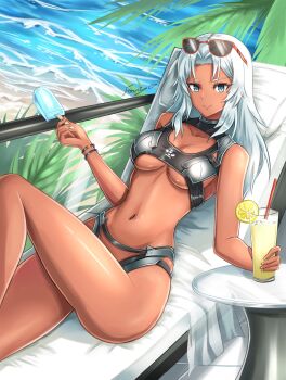 1girl alternate_costume bikini blue_eyes breasts dark-skinned_female dark_skin elma_(xenoblade_x) fgsketch food highres large_breasts long_hair looking_at_viewer monolith_soft navel popsicle smile solo sunglasses swimsuit white_hair xeno_(series) xenoblade_chronicles_(series) xenoblade_chronicles_x