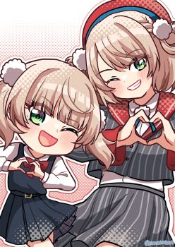2girls ;d amaimi artist_name asymmetrical_bangs belt beret black_belt black_dress blonde_hair blunt_bangs bow bowtie buttons collared_shirt cropped_shirt deformed dot_nose dress floating_clothes gradient_background green_eyes grey_shirt grey_skirt hair_rings hat head_tilt heart heart_hands indie_virtual_youtuber light_blush medium_hair multiple_girls official_alternate_costume one_eye_closed open_mouth outline pinafore_dress pinstripe_pattern pinstripe_shirt pinstripe_skirt polka_dot polka_dot_background red_bow red_bowtie red_hat red_sailor_collar sailor_collar shigure_ui_(vtuber) shigure_ui_(1st_costume)_(vtuber) shigure_ui_(young)_(vtuber) shirt sidelocks simple_background skirt skirt_set sleeveless sleeveless_dress smile teeth time_paradox twintails virtual_youtuber white_outline white_shirt