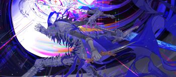 Rule 34 | 1boy, absurdres, armor, cape, colored skin, commentary, dynamic pose, elden ring, elden ring nightreign, english commentary, extra arms, from side, full armor, glowing, glowing sword, glowing weapon, great rune (elden ring), grey skin, helmet, heolstor the nightlord, highres, hunched over, nslacka, outdoors, purple cape, shoulder armor, solo, spiked helmet, triple wielding, weapon