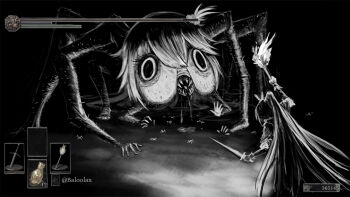 akai_haato arthropod_girl baloolax dark_souls_(series) fake_screenshot feathers gameplay_mechanics hair_ornament heads-up_display health_bar hololive hololive_english insect_girl monster_girl nanashi_mumei nanashi_mumei_(1st_costume) sharp_teeth spider_girl sweat sword teeth torch user_interface virtual_youtuber weapon