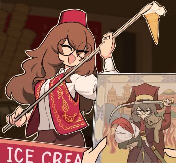 absurdres blood brown_hair brown_pants centurii-chan closed_eyes commentary dagger english_commentary english_text fez_hat fire food food_truck germany_oneesan_(meme) hat hat_feather headdress highres holding holding_detached_head holding_sword holding_weapon ice_cream ice_cream_cone kilij knife long_hair meme original pants pelt photo_(object) round_eyewear scabbard severed_head sheath smile sword turban turkish_clothes vest weapon