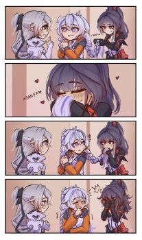 ! 3girls absurdres ahoge black_gloves black_hair blush braid bronya_zaychik bronya_zaychik_(silverwing:_n-ex) diamond-shaped_pupils diamond_(shape) drill_hair earrings eyeliner gloves grey_eyes grey_hair hair_between_eyes hair_ribbon heart highres honkai_(series) honkai_impact_3rd jacket jewelry kiana_kaslana kiana_kaslana_(herrscher_of_finality) kiana_kaslana_(white_comet) long_hair makeup multicolored_hair multiple_girls ponytail purple_eyes raiden_mei raiden_mei_(apho) raiden_mei_(danzai_spectramancer) raven_sng red_eyeliner ribbon smile streaked_hair symbol-shaped_pupils twin_braids very_long_hair white_hair yuri