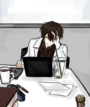 1boy ayin_(project_moon) bad_id bad_twitter_id black_hair black_shirt coat collared_shirt computer computer_mouse cup desk djanr_2ck hand_in_own_hair highres lab_coat lapels laptop lobotomy_corporation mousepad_(object) mug notched_lapels paper project_moon shirt sitting solo stapler white_coat whiteboard