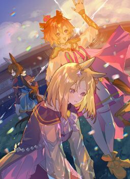 3girls absurdres admire_vega_(starry_nocturne)_(umamusume) admire_vega_(umamusume) animal_ears armor bare_shoulders blonde_hair blue_capelet blue_dress boots bow bowtie breasts brown_hair cape capelet crown crying dress ear_covers gloves gold_boots hair_between_eyes hashtag-only_commentary highres horse_ears horse_girl horse_tail jewelry john_uma long_hair long_sleeves mini_crown multiple_girls multiple_rings narita_top_road_(the_proud_road)_(umamusume) narita_top_road_(umamusume) open_mouth orange_hair orange_tail pantyhose pink_cape pink_crown ponytail purple_dress purple_eyes ring shirt short_hair shoulder_armor single_ear_cover skirt smile t.m._opera_o_(o_sole_suo!)_(umamusume) t.m._opera_o_(umamusume) tail tears thighhighs two-tone_skirt umamusume umamusume:_road_to_the_top white_shirt white_thighhighs zettai_ryouiki