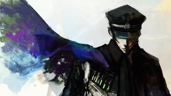 1boy black_cloak black_hair black_hat blending cloak devil_summoner:_raidou_kuzunoha_vs_the_soulless_army devil_summoner_(series) facing_viewer floating_cape gakuran hat hat_over_eyes highres kuzunoha_raidou kyezzzz male_focus peaked_cap purple_cloak school_uniform short_hair sideburns solo two-tone_cloak upper_body vial
