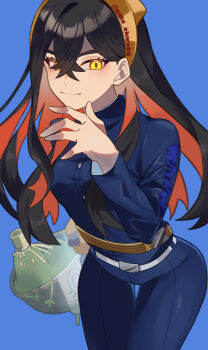 1girl absurdres ame_akira black_hair blue_background blue_gakuran blueberry_academy_school_uniform carmine_(pokemon) closed_mouth colored_inner_hair commentary_request crossed_bangs fanny_pack hair_between_eyes hairband hand_up highres long_hair long_sleeves matcha_(food) mole mole_under_eye multicolored_hair nintendo pokemon pokemon_(creature) pokemon_sv red_hair school_uniform signature sinistcha smile solo thigh_gap two-tone_hair yellow_eyes yellow_hairband