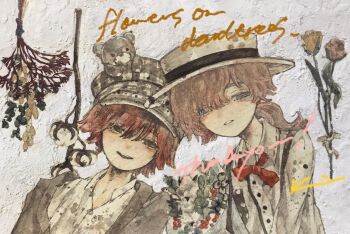 1boy 1girl acrylic_paint_(medium) blue_eyes blush bouquet bow brown_hair closed_eyes collared_shirt commentary_request english_text eye_contact flower fukashi_fugashi half-closed_eyes hat holding holding_flower indoors jacket karintoun long_sleeves looking_at_another looking_at_flowers looking_at_viewer medium_hair neck_ribbon original painting_(medium) pale_skin parted_bangs parted_lips red_hair red_ribbon ribbon shirt short_hair sidelighting sidelocks signature simple_background smile standing straight-on stuffed_animal stuffed_toy suspenders teddy_bear thank_you traditional_media tulip upper_body watercolor_(medium) wavy_hair white_background white_shirt