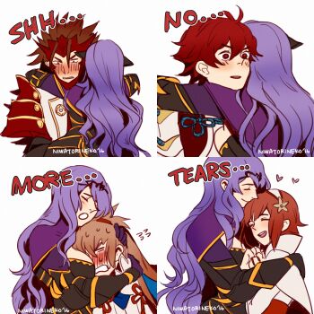 ... bad_tag blush brown_hair camilla_(fire_emblem) closed_eyes face_to_breasts fire_emblem fire_emblem_fates flower grey_hair hair_flower hair_ornament hairband heart hinoka_(fire_emblem) hug long_hair nervous nintendo niwatorineko pink_hair purple_hair red_hair ryoma_(fire_emblem) sakura_(fire_emblem) short_hair simple_background surprised sweat takumi_(fire_emblem) tiara wavy_hair