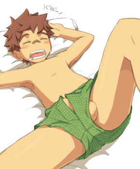 1boy bandaid bandaid_on_face bandaid_on_nose brown_hair closed_eyes lying male_focus male_underwear on_back open_mouth original penis penis_peek short_hair shota sleeping solo steelwire testicle_peek testicles topless_male underwear