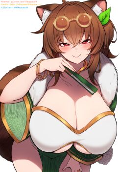 1girl animal_ear_fluff animal_ears blush bracelet breasts bright_pupils cleavage closed_mouth clothing_cutout collarbone commentary_request commission dress fanbox_username folded_fan folding_fan fur_shawl glasses green_dress hair_between_eyes half-closed_eyes hand_fan hand_on_own_thigh hand_up highres holding holding_fan huge_breasts jewelry leaf leaf_on_head leaning_forward neck_ring original patreon_username pelvic_curtain pixiv_commission raccoon_ears raccoon_girl raccoon_tail red_eyes rikuguma ring round_eyewear shawl short_sleeves simple_background smile solo standing tail twitter_username two-tone_dress underboob underboob_cutout white_background white_dress white_pupils wide_sleeves yellow-framed_eyewear