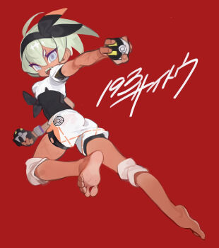1girl barefoot bea_(pokemon) black_bodysuit black_hairband bodysuit bodysuit_under_clothes bow_hairband character_name commentary_request dynamax_band feet gloves grey_eyes hair_between_eyes hairband highres holding holding_poke_ball knee_pads nintendo open_mouth poke_ball pokemon pokemon_swsh red_background shirt short_hair short_sleeves shorts simple_background single_glove soles solo teeth tied_shirt toes ultra_ball upper_teeth_only white_shirt white_shorts yotsuyu