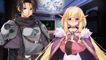 1boy 1girl armor atelier-moo belt blonde_hair blush brown_belt brown_eyes ceiling choker cloak cropped_jacket crossed_arms door elf embarrassed fur-trimmed_cloak fur_trim game_cg green_eyes highres indoors jacket layered_sleeves leotard long_hair long_pointy_ears long_sleeves low-tied_sidelocks low_twintails narrow_waist night non-web_source oma_(our_battle_has_just_begun!) our_battle_has_just_begun! painting_(object) pink_jacket pointy_ears purple_choker purple_cloak purple_eyes raised_inner_eyebrows short_over_long_sleeves short_sleeves shoulder_armor sidelocks spiked_hair standing synsya twintails very_long_hair white_leotard wide_sleeves window