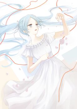 1girl absurdres blue_eyes blue_hair breasts commentary_request dress flower hair_ribbon hand_on_own_stomach hand_up hatsune_miku highres long_hair looking_to_the_side nagitofuu nail_polish petals pinky_out ribbon rose short_sleeves solo string string_around_finger string_of_fate tsugihagi_staccato_(vocaloid) twintails very_long_hair vocaloid