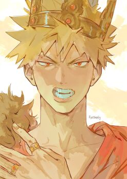 Rule 34 | 1boy, alternate costume, artist name, bakugou katsuki, blonde hair, boku no hero academia, collarbone, commentary, crown, english commentary, eyeempty, gold crown, gold ring, highres, jewelry, looking at viewer, male focus, multiple rings, portrait, red eyes, ring, short hair, solo, spiked hair, teeth