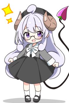 1girl :d ahoge bespectacled black-framed_eyewear black_hat black_shoes black_skirt blush bow bowtie brown_horns collared_shirt commentary_request contrast_collar curled_horns curly_hair demon_girl demon_tail full_body glasses grey_shirt hat horns kotatsu-mazoku lilith_(homunculus)_(machikado_mazoku) lilith_(machikado_mazoku) long_hair long_sleeves looking_at_viewer machikado_mazoku mary_janes open_mouth purple_hair shirt shoes sidelocks simple_background skirt smile socks solo sparkle standing tail white_background white_bow white_bowtie white_socks