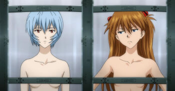 2girls ayanami_rei blue_hair breasts brown_hair completely_nude convenient_censoring english_text frown highres long_hair looking_at_another multiple_girls neon_genesis_evangelion nude red_eyes screencap short_hair small_breasts souryuu_asuka_langley standing third-party_edit