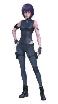1girl 3d bare_shoulders belt black_boots black_gloves black_leotard black_pants boots breasts fingerless_gloves full_body ghost_in_the_shell ghost_in_the_shell:_sac_2045 gloves hair_between_eyes highleg highleg_leotard highres kusanagi_motoko leotard lips looking_at_viewer official_art pants purple_eyes purple_hair short_hair simple_background sleeveless solo wide_hips