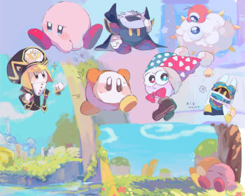 1girl ^^^ anger_vein animal_ears arms_up belt belt_buckle belt_collar black_headwear black_wrist_cuffs blonde_hair blue_belt blue_cape blue_eyes blue_headwear blue_hood blue_sky blunt_bangs blunt_ends blush_stickers boots bow bowtie brown_eyes brown_footwear buckle buttons cape clenched_hands closed_mouth collar colored_skin commentary_request covered_mouth disembodied_hand expressionless fang fangs fangs_out field fist_shaking fleeing flower flower_field frown fur-trimmed_headwear fur_trim gear_print gloves grass half-closed_eyes hand_on_headwear hat heart heart_print heterochromia highres indoors jester_cap kananishi kinta_(kinta_no_mousou) kirby kirby_(series) kracko light_frown looking_at_another looking_to_the_side magolor marx_(kirby) mask mask_on_head motion_lines multiple_views nintendo one-eyed orange_skin outdoors pillow pink_skin polka_dot_headwear pom_pom_(clothes) purple_footwear purple_skin rayman_limbs red_bow red_bowtie red_eyes red_footwear red_headwear river sabaton scarf shade shadow shoes short_hair shoulder_pads sitting skin_fang sky sleeping solid_oval_eyes sparkling_eyes speed_lines spikes spoken_anger_vein squeans sweat tile_wall tiles traditional_bowtie translation_request tree triangle_print two-sided_cape two-sided_fabric two-tone_headwear v-shaped_eyes waddle_dee waddle_doo white_cape white_gloves white_mask white_scarf wrist_cuffs yellow_boots yellow_eyes yellow_trim zan_partizanne