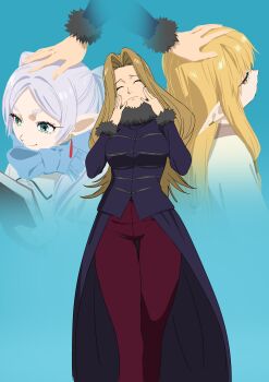 Rule 34 | 3girls, absurdres, blue background, blue coat, blue scarf, book, breasts, brown eyes, brown hair, closed eyes, coat, commentary request, earclip, earrings, elf, feet out of frame, frieren, fur-trimmed coat, fur trim, green eyes, hands on own cheeks, hands on own face, headpat, highres, holding, holding book, jewelry, kojima keisuke, large breasts, long coat, long hair, long sidelocks, looking at object, looking back, methode (sousou no frieren), multiple girls, official art, pants, parted bangs, pointy ears, red pants, scarf, serie (sousou no frieren), sidelocks, sideways glance, simple background, smile, sousou no frieren, twintails, white hair